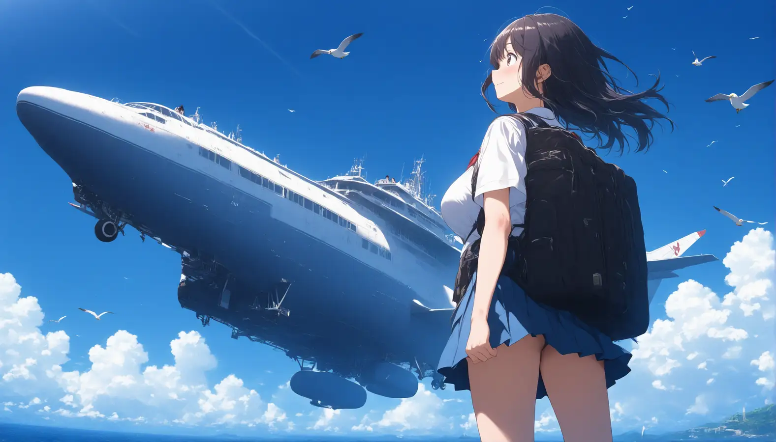 A traveler looking across the sea toward a vast vessel, representing careful research