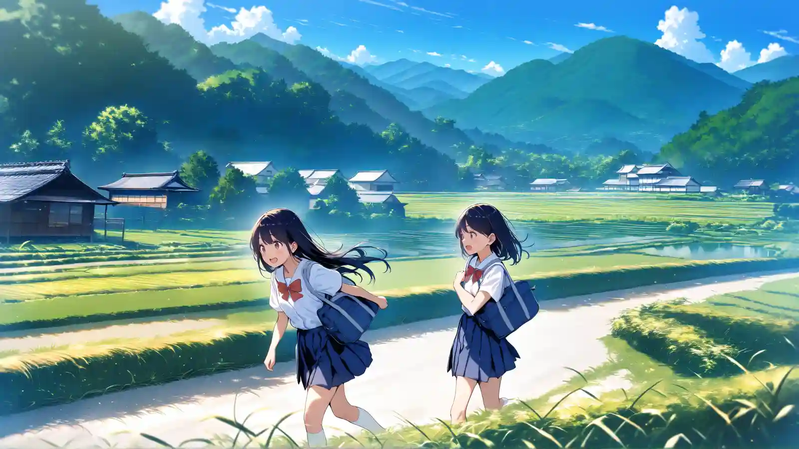 Two students walking through a sunlit Japanese countryside
